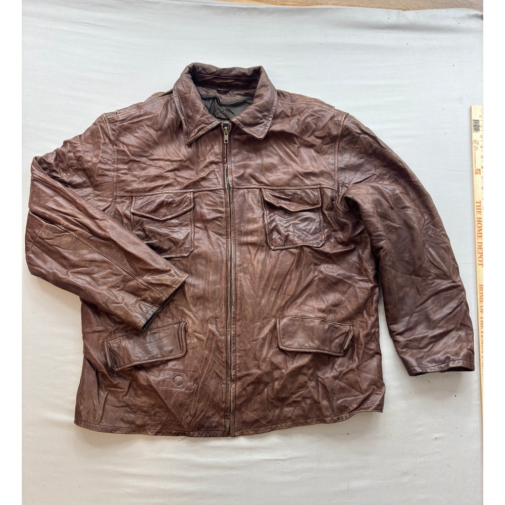 Wilsons The Leather Experts Mens XL Brown Leather Field Jacket Utility Zip Front